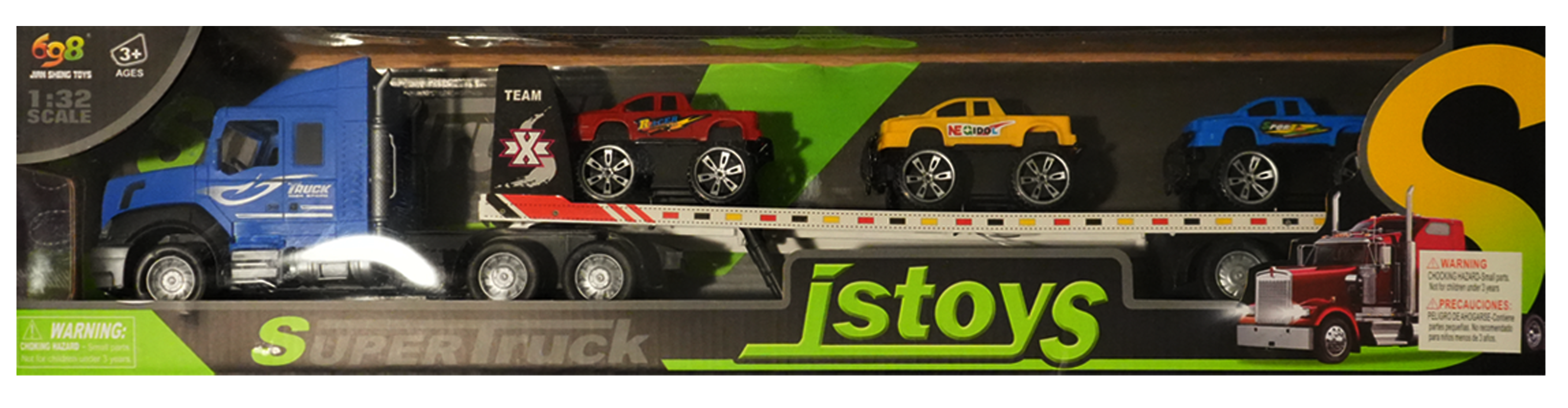 Blue Trailer with 3 Trucks