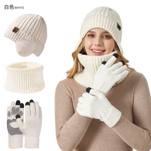 3 Piece Winter Hat Beanie Scarf Glove Set white color